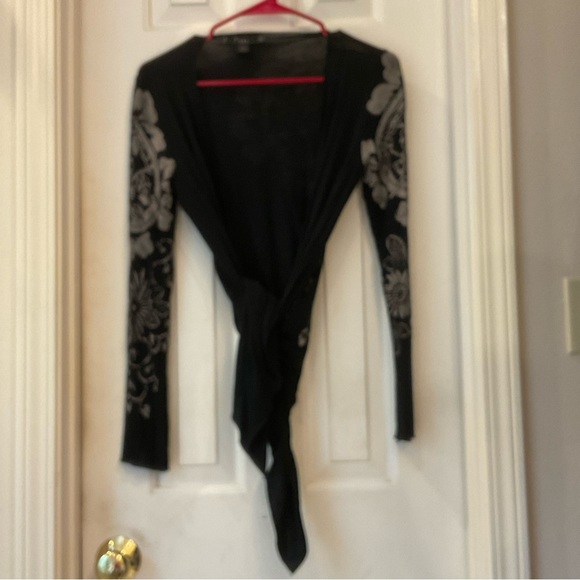 XXI Wrap Blouse / Jacket, Soft Knit Stretch, Black and Slate Design, Size Small - Picture 11 of 13